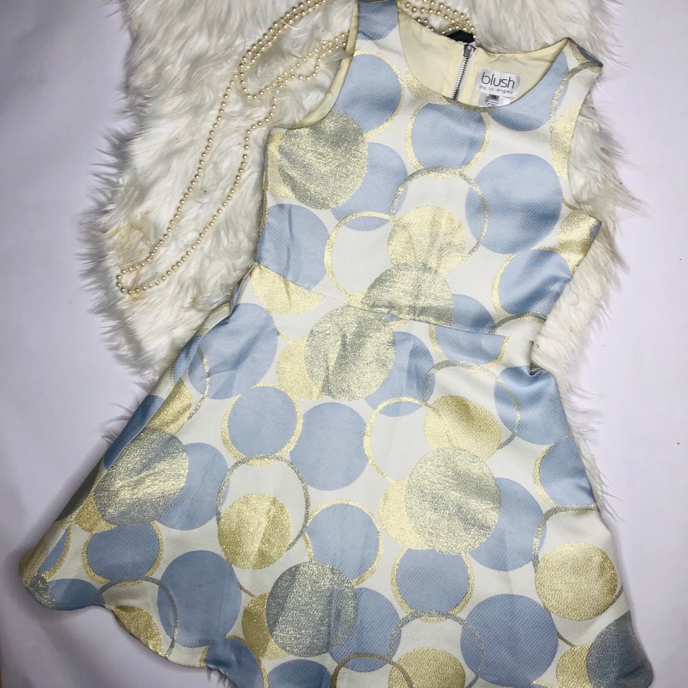 Blush US Angels Blue Ivory Gold polka Dot Dress